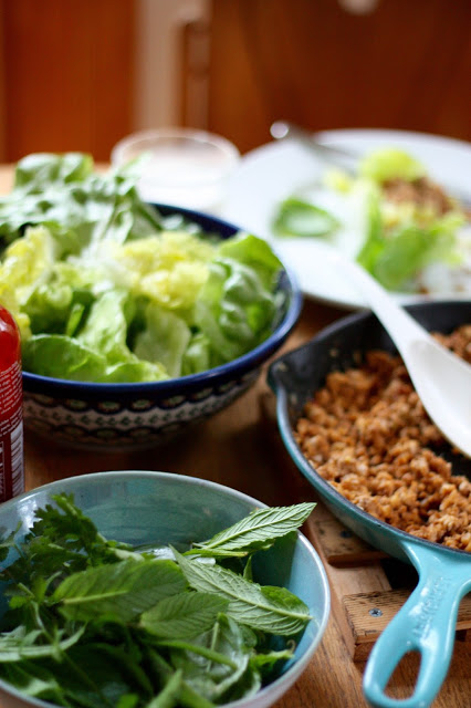 Asian lettuce wrap ingredients: Cooked ground beef, lettuce, mint, basil, cilantro