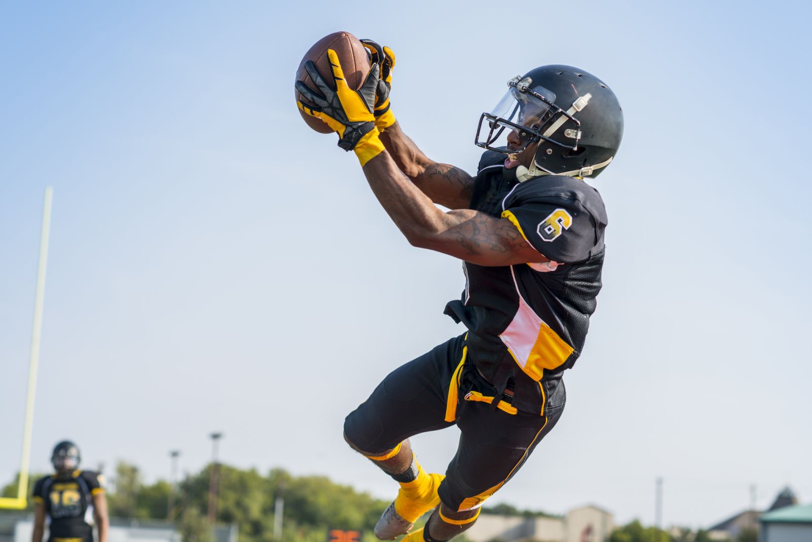 Football player catching ball